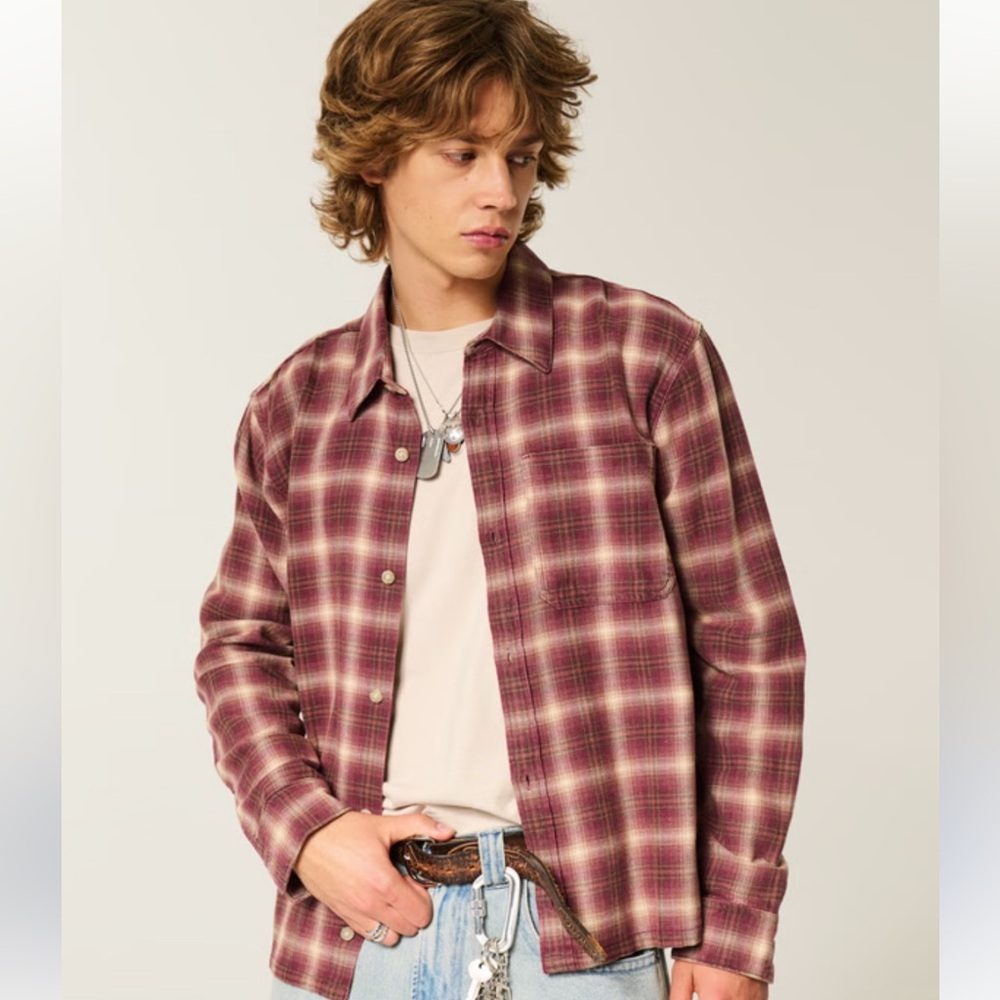 Hollister Boxy Flannel Shirt Long Sleeve Button Up Mens Maroon Plaid Pocket XL